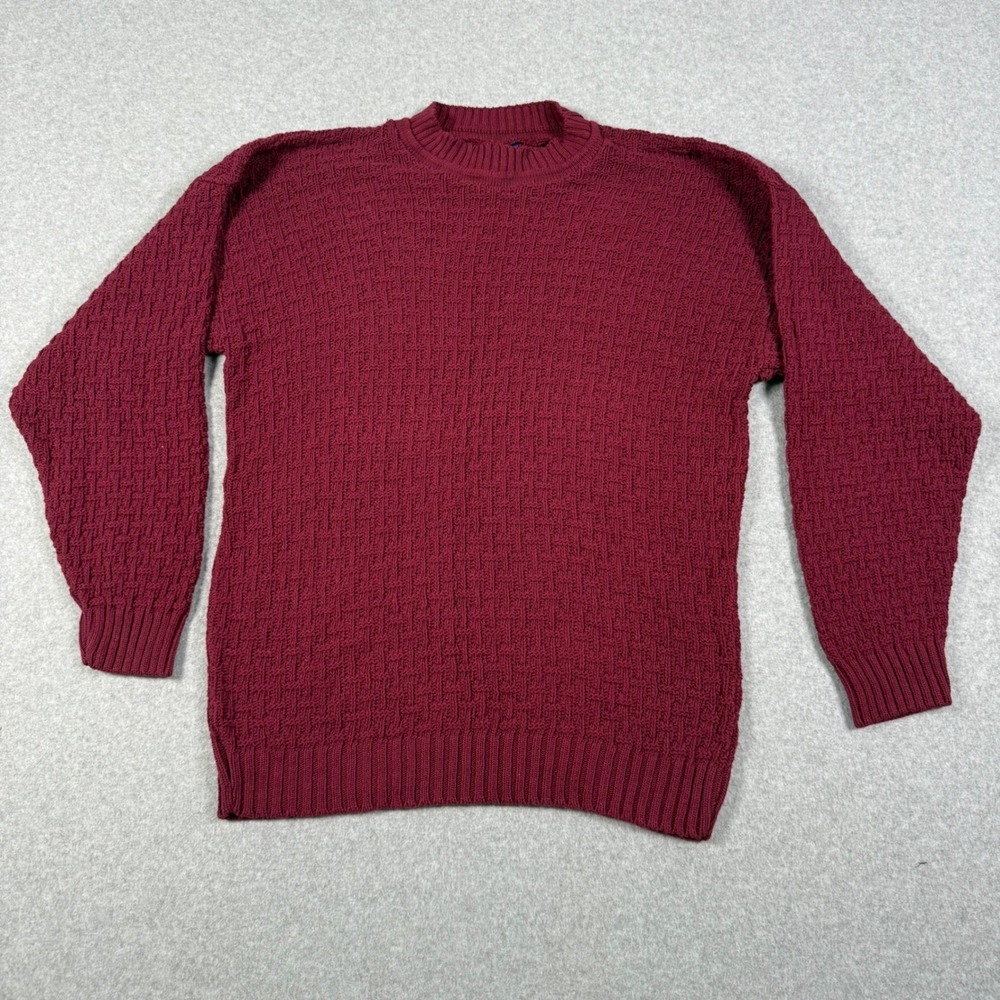 Vintage 90s Puritan Large Burgundy Cotton Basketweave Knit Grandpa Sweater USA